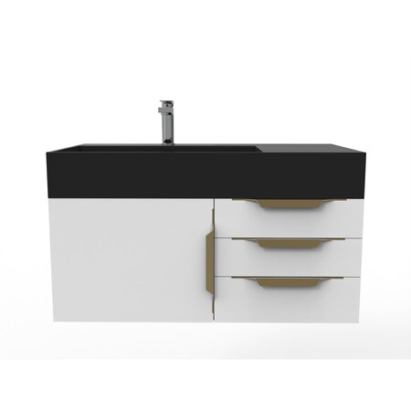 Castello Usa Amazon 36" Wall Mounted White Vanity With Black Top And Gold Handles CB-MC-36W-GLD-2056L-BL